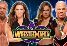 شاهد المبارة الكاملة لروندا راوزي وكيرت أنجل ضد تريبل إتش وستيفاني فى راسلمينيا 34